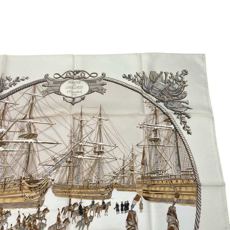 Hermes Scarf Silk Carre 90 Marine ET Cavalerie Sea And Cavalry White