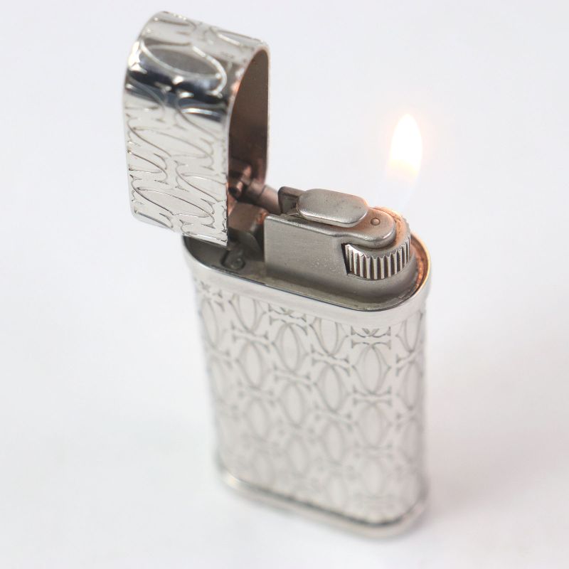 Cartier Godron Happy Birthday 2C Decor Oval Gas Lighter Silver Swiss Made