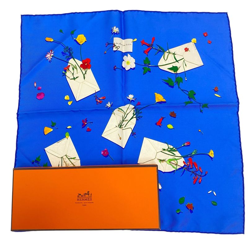 Hermes Scarf Silk Floral Letter Blue With Box