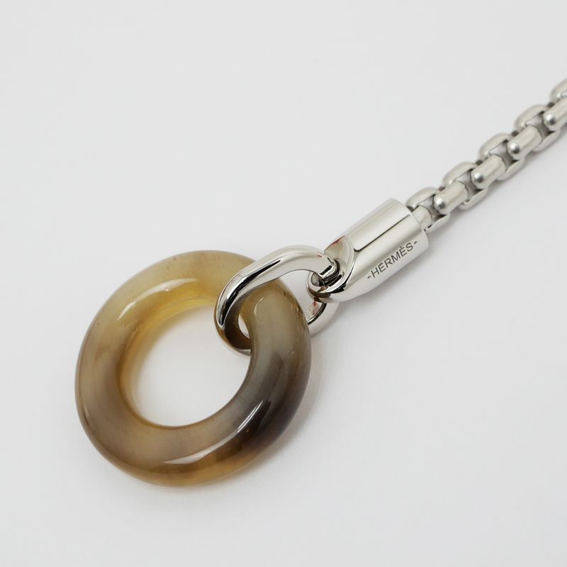 Hermes Meri Melo Necklace Buffalo Horn Metal Silver H Cube Unused