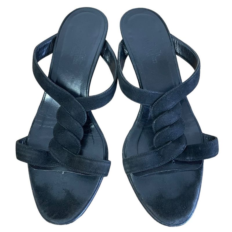 Hermes Suede Strap Low Heel Sandals Mules 35 1/2 Approx 22.5cm (8.86in) Black