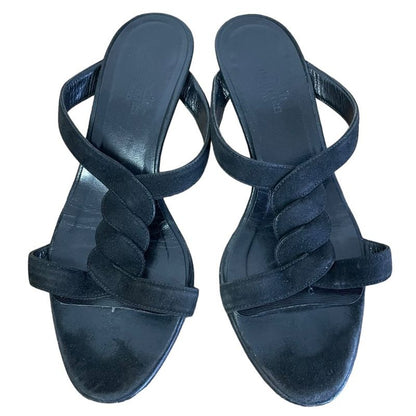 Hermes Suede Strap Low Heel Sandals Mules 35 1/2 Approx 22.5cm (8.86in) Black