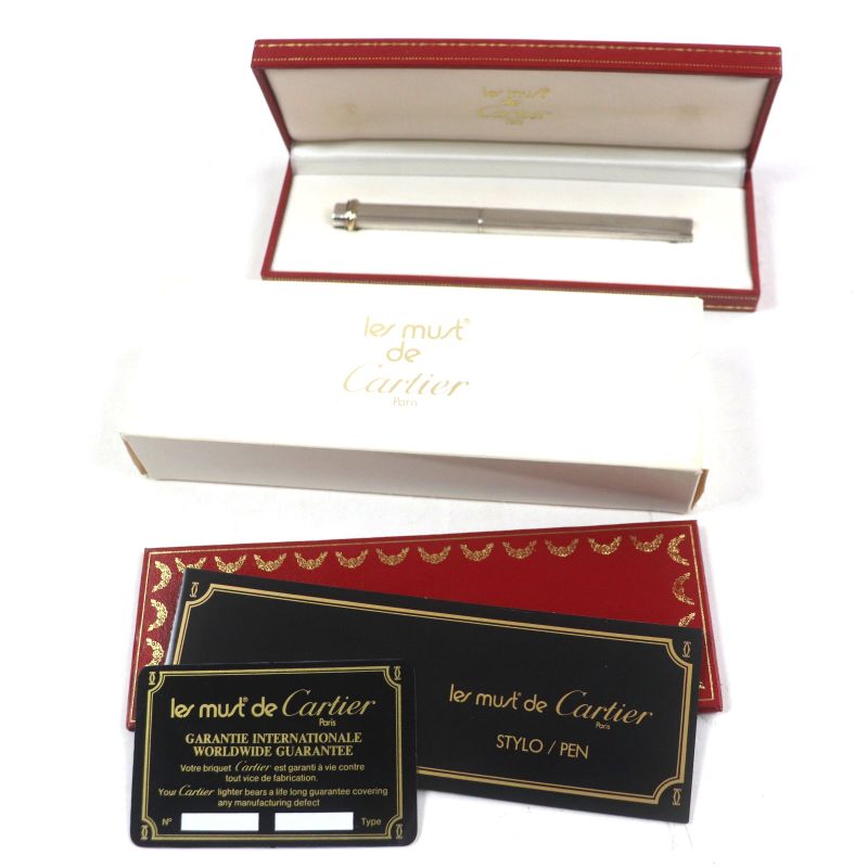 Cartier Vintage Trinity Striped Cap Ballpoint Pen Metal Silver With Box And