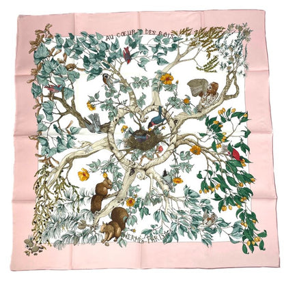 Hermes Carre 90 AU Coeur DES BOIS In The Woods Scarf Silk Pink With Box