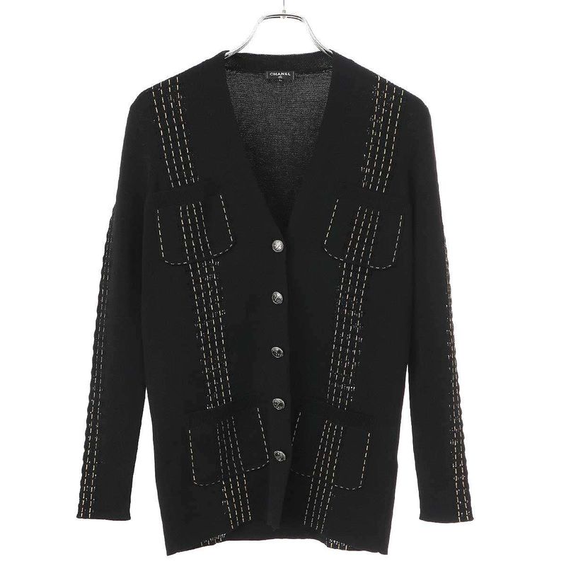 Chanel 16aw Stitch Design Knit Cardigan P55809 K07321 Mc658 Black 36