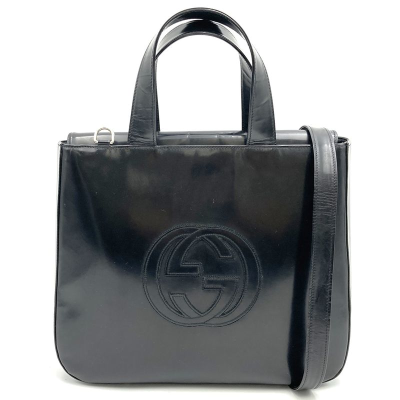 Gucci Old Gucci 000 1013 Interlocking G Shoulder Bag Handbag Black Patent