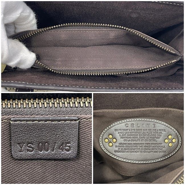 Celine Handbag Beige Brown Macadam Excellent Condition Canvas Leather