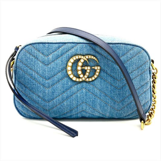 Gucci GG Marmont Quilted Shoulder Bag Denim 447632 Blue Faux Pearl Women