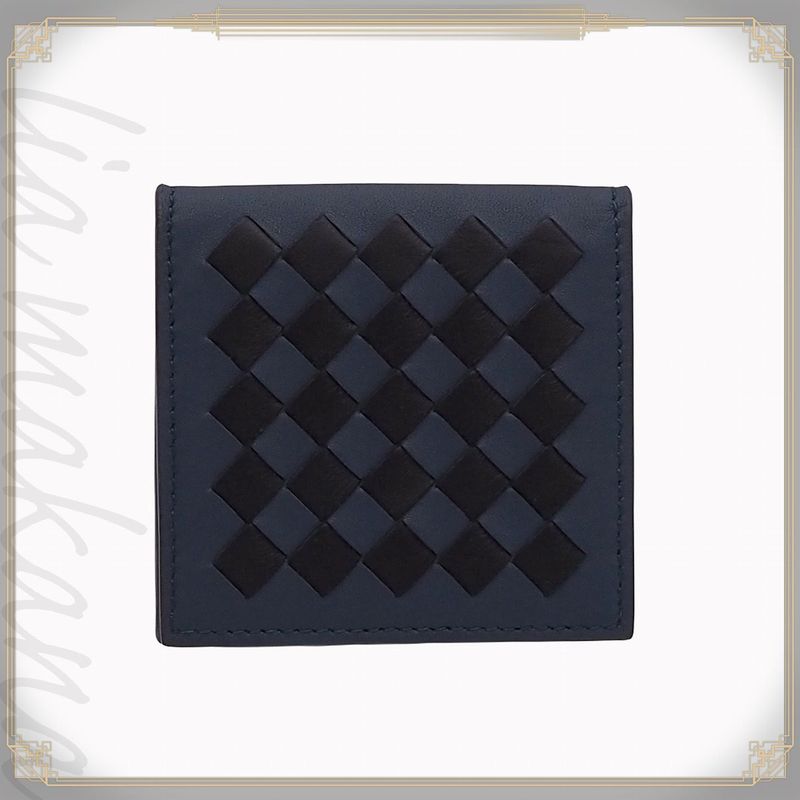 Bottega Veneta Intrecciato Calfskin Black Deep Blue Folding Coin Purse Coin