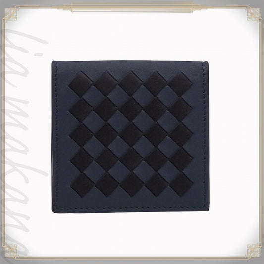 Bottega Veneta Intrecciato Calfskin Black Deep Blue Folding Coin Purse Coin