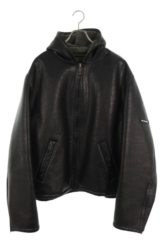Balenciaga 674316 Tls07 Sleeve Logo Leather Zip Up Hooded Leather Blouson Men 44