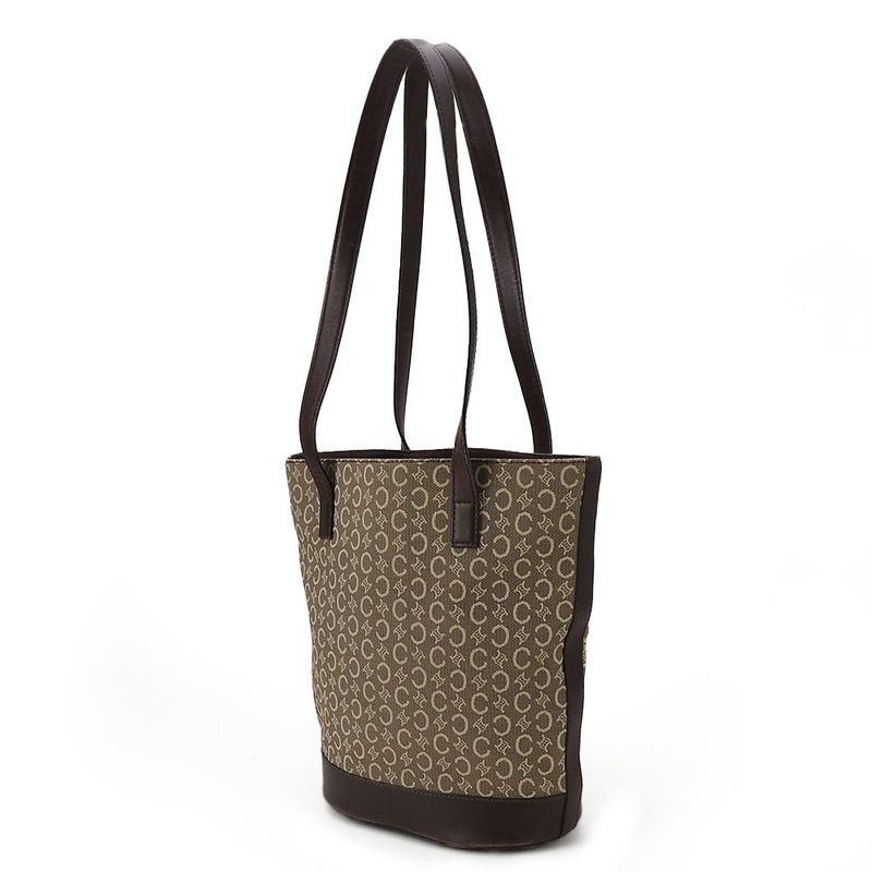 Celine Tote Bag Sulky Canvas Leather Beige Dark Brown Shoulder Bucket Shape