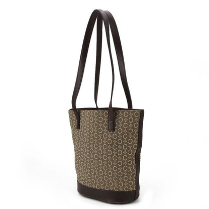 Celine Tote Bag Sulky Canvas Leather Beige Dark Brown Shoulder Bucket Shape