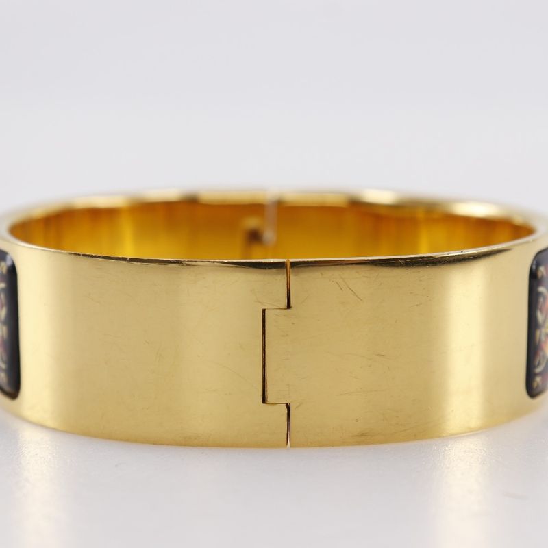 Hermes Roque Emile Cloisonne Horse Pattern Bangle Gold Plated Black Ladies