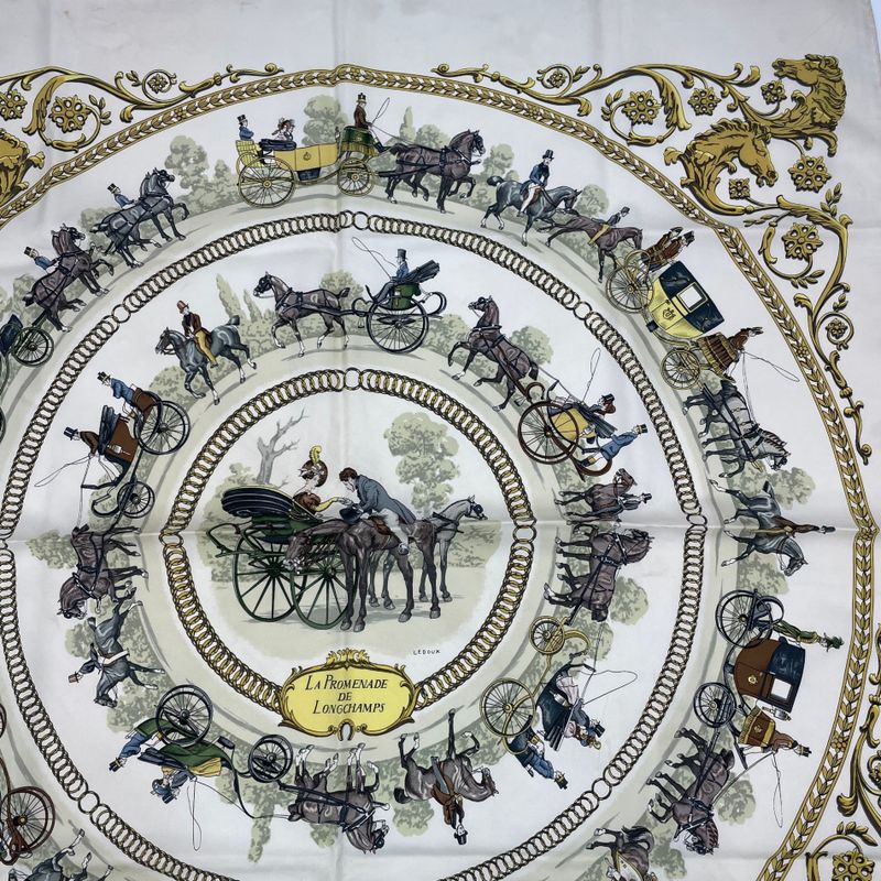 Hermes Carre 90 Promenade LA Promenade DE Longchamps Scarf Silk White
