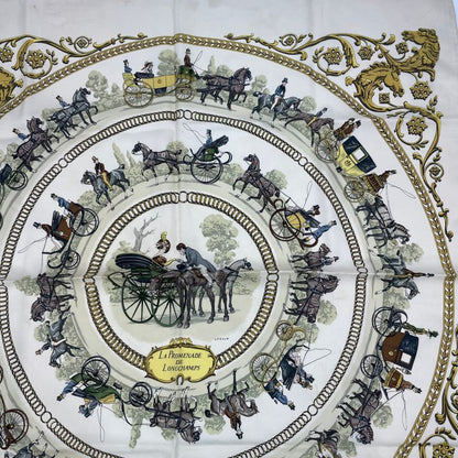 Hermes Carre 90 Promenade LA Promenade DE Longchamps Scarf Silk White