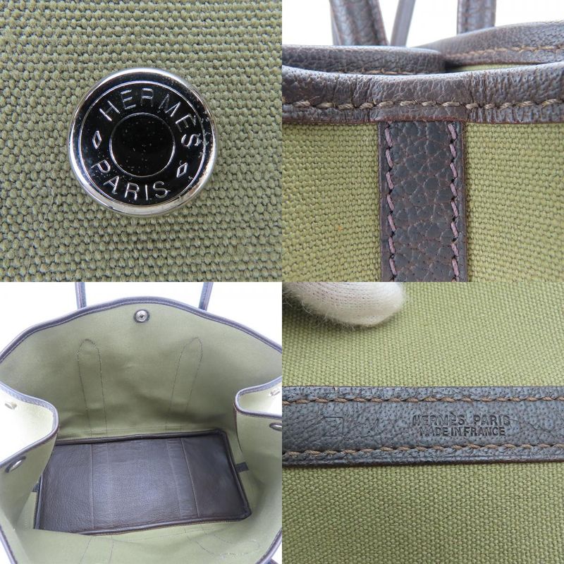 Hermes Tote Bag Garden Party PM Canvas Leather Khaki Brown Silver Hardware □F