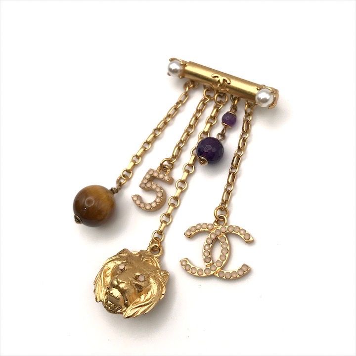 Chanel CC Logo Lion Motif Color Stone Taiga Eye Brooch Gold