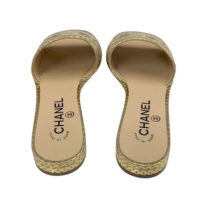 Chanel Sandals Shoes Leather Gold Flat Sandals Mules Coco Mark Punching
