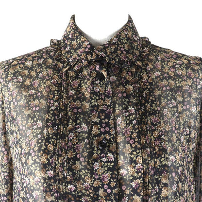 Celine 100% Silk Flower Print Floral Pattern Frilled Collar Logo Button Chiffon
