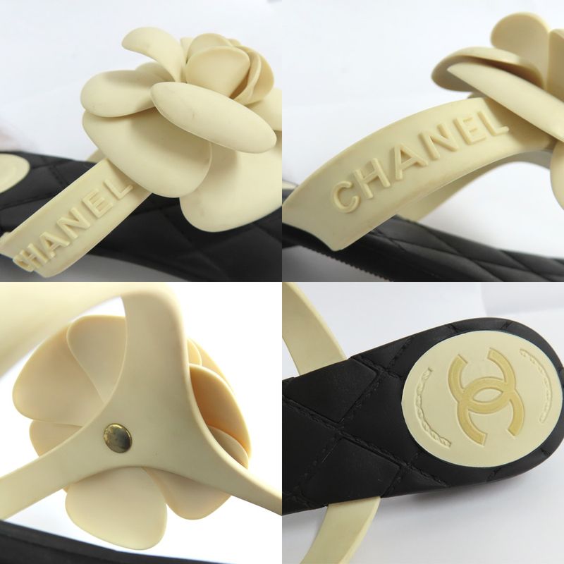 Chanel Camellia Beach Sandals Flat Heel 35 Black White Rubber Thong
