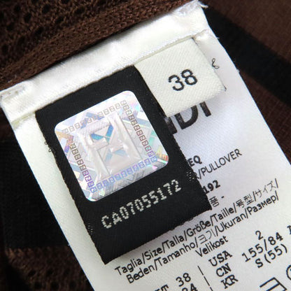 Fendi Fzy923 55% Silk Pecan High Neck Sheer Mesh Design Long Sleeve Top Brown