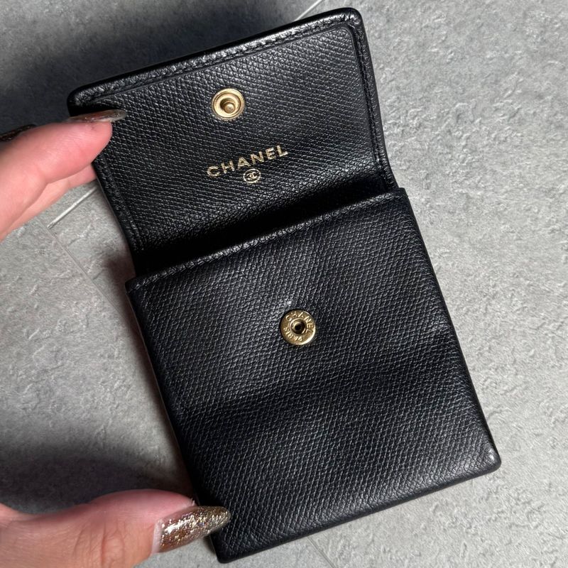 Chanel Coco Button Coco Mark Leather Coin Case Black Gold Hardware Compact