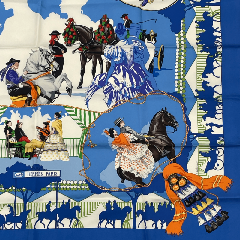 Hermes Scarf Carre 90 Feria De Sevilla Seville Holiday 100% Silk Blue