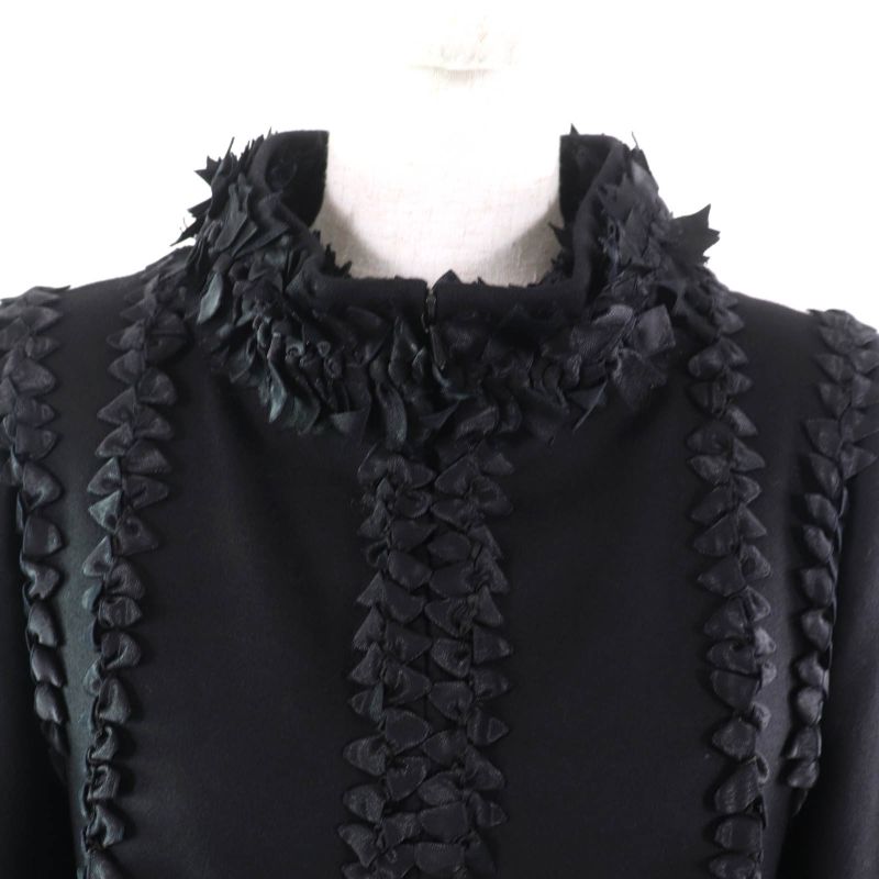 CHANEL 08A P33334 Wool Cashmere Mix Ribbon Embellished Zip Up Coat With Coco