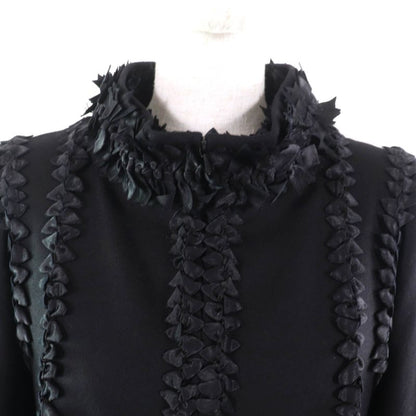 CHANEL 08A P33334 Wool Cashmere Mix Ribbon Embellished Zip Up Coat With Coco