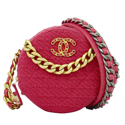 Authentic Chanel 19 Coco Mark Chain Mini Shoulder Bag Pochette Tweed Pink Coco