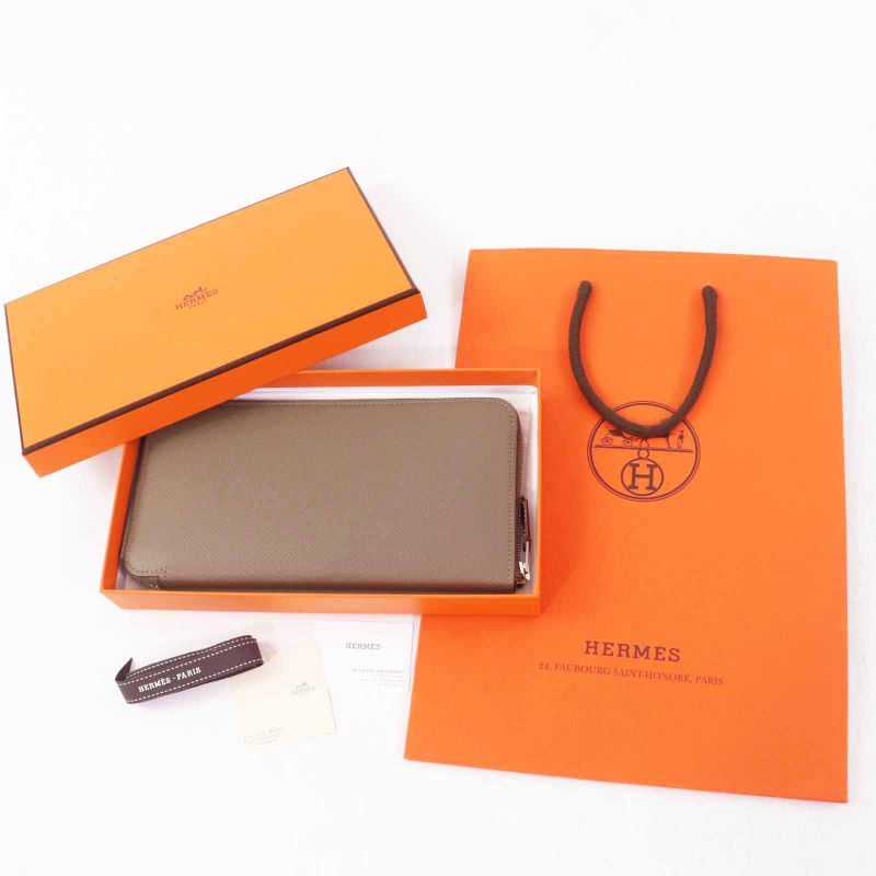 Hermes Azap Long Silk Quin Etoupe Vaux Epson Long Wallet Engraved W With Box