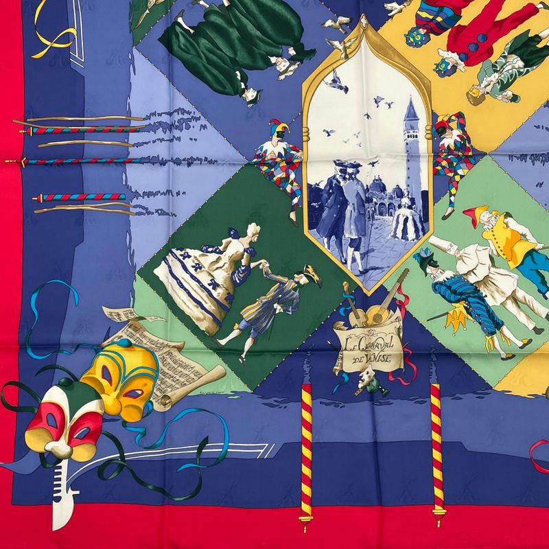 Hermes Carre 90 Carnaval DE Venise Carnival Of Venice Scarf 100% Silk Blue Red