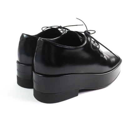 Prada Back Logo Platform Lace Up Leather Shoes Black 35.5 With Box And Storage