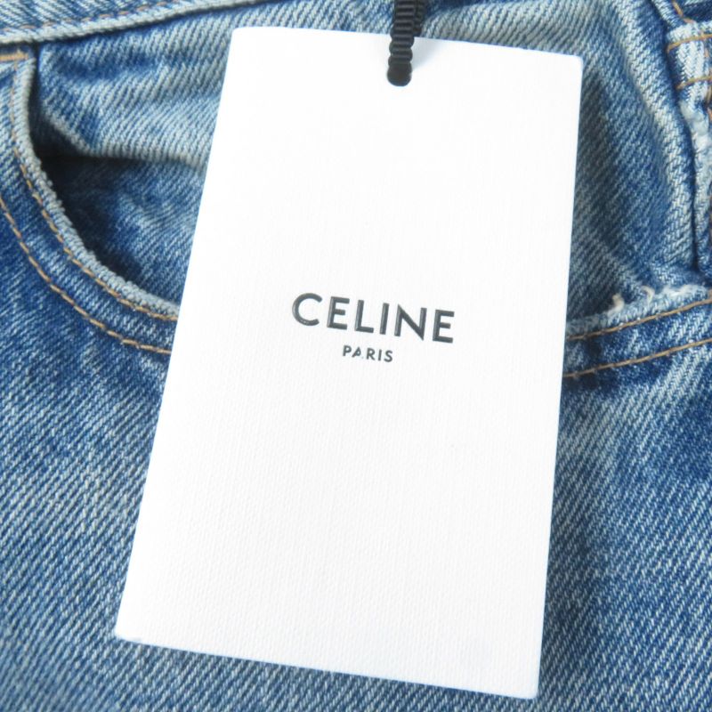 Celine S195 571Q 08YC Cotton Washed Denim Skirt With Logo Plate Chain Indigo 28