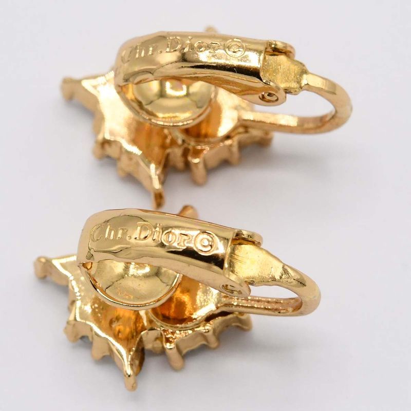Christian DIOR Earrings Rhinestone Gold Color Accessories Women H8627