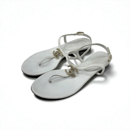 Chanel Sandals Shoes Leather White Gold Coco Mark Rhinestone Strap Thong