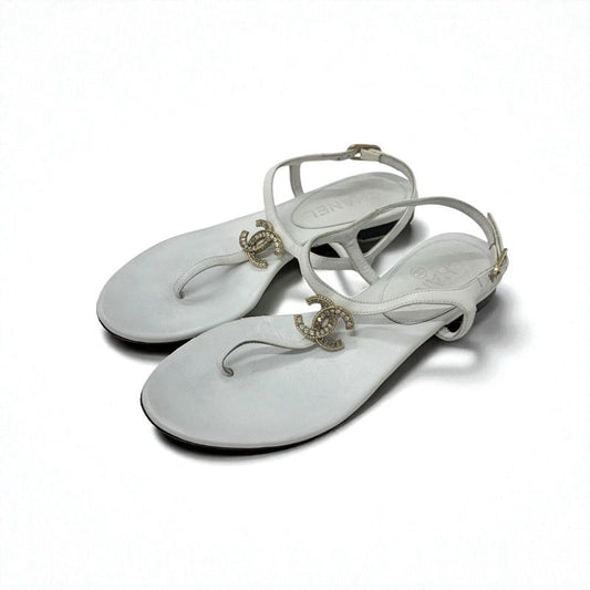 Chanel Sandals Shoes Leather White Gold Coco Mark Rhinestone Strap Thong