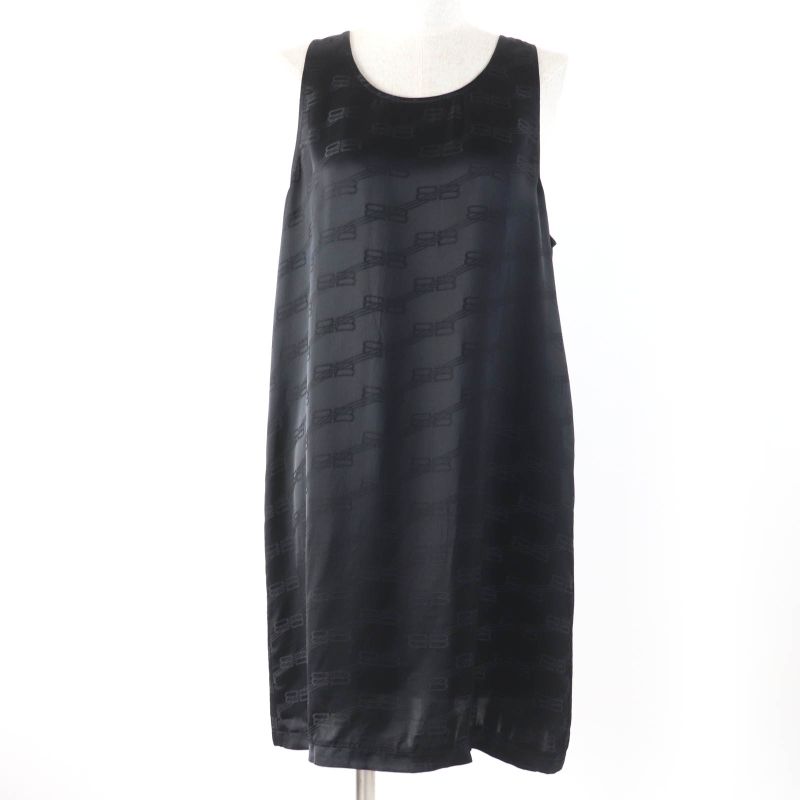 Balenciaga 23SS 746254 BB Logo Design Sleeveless Dress Black 36 Made In France