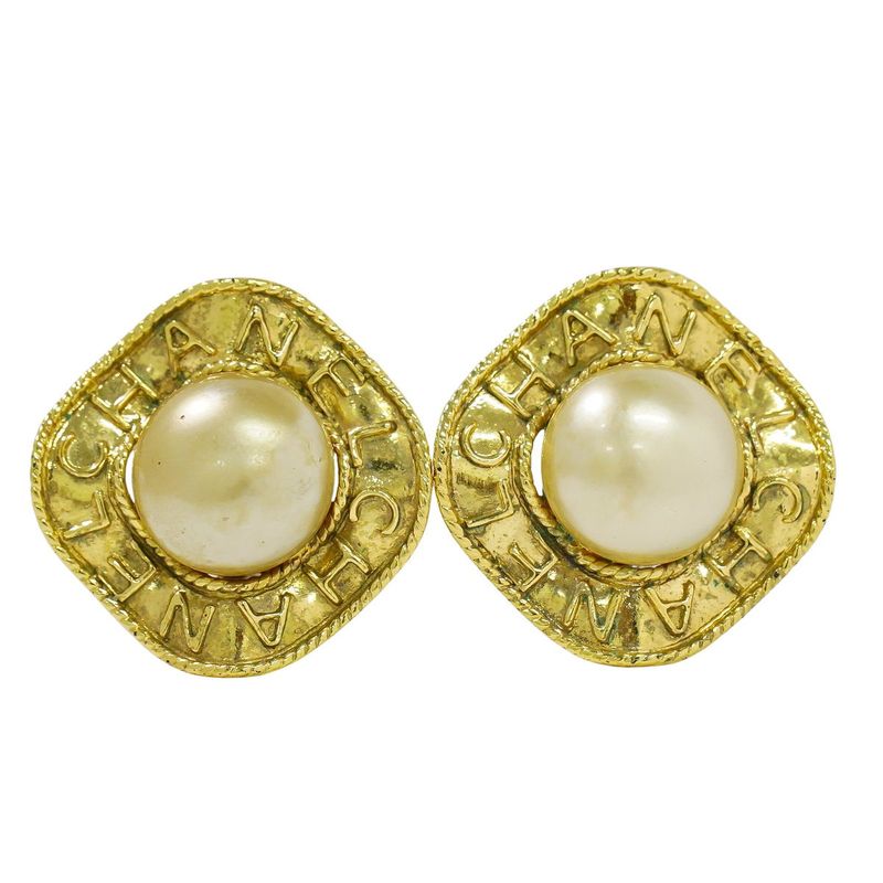 Authentic Chanel Logo Faux Pearl Earrings GP Gold Plated White Accessories