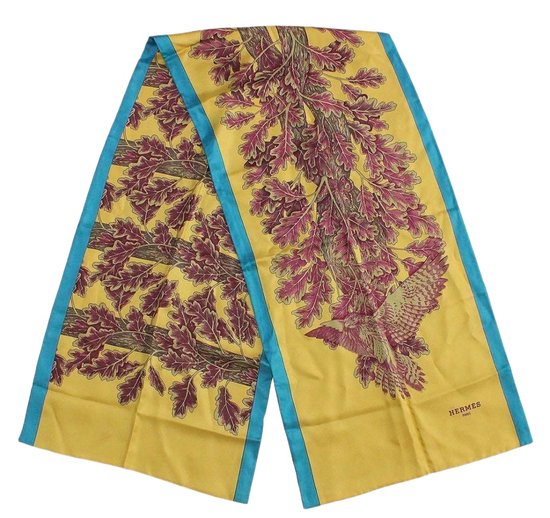 Hermes Silk Shawl Plant Bird Turquoise X Mustard
