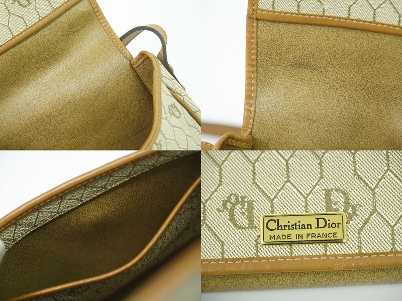 Authentic Christian DIOR Honeycomb Pattern Shoulder Bag Pochette PVC Beige Bag