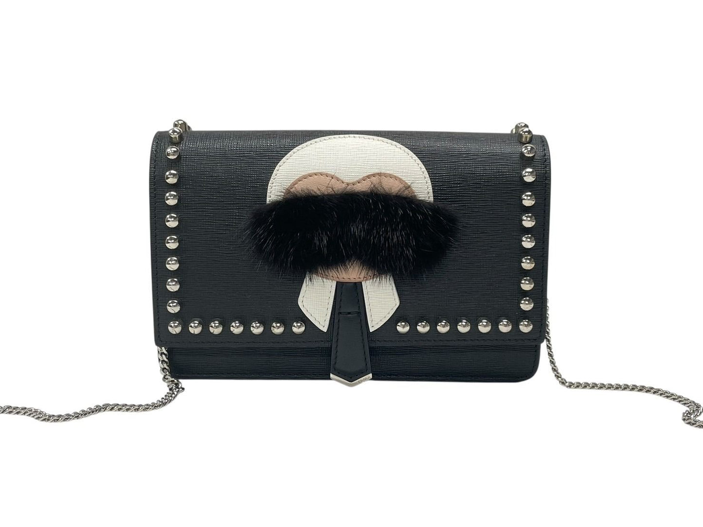 Fendi Shoulder Bag Chain Wallet Karl Lagerfeld Leather Black Silver — view 2