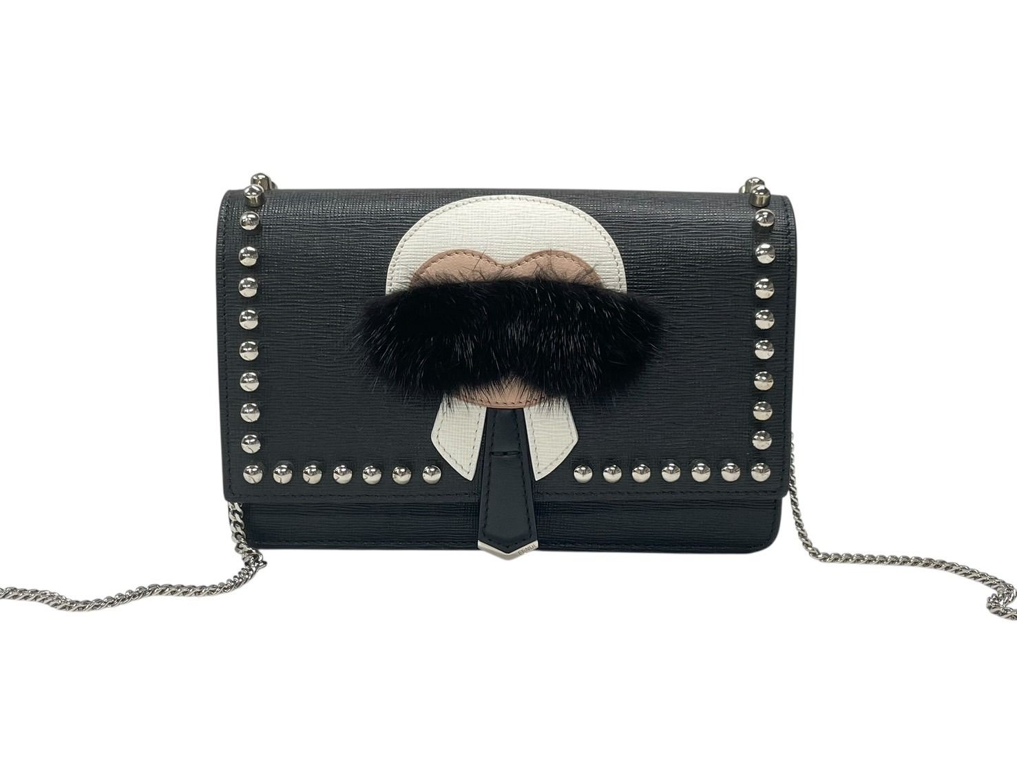 Fendi Shoulder Bag Chain Wallet Karl Lagerfeld Leather Black Silver — view 2