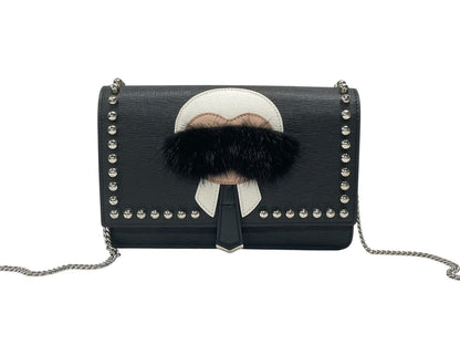 Fendi Shoulder Bag Chain Wallet Karl Lagerfeld Leather Black Silver — view 2