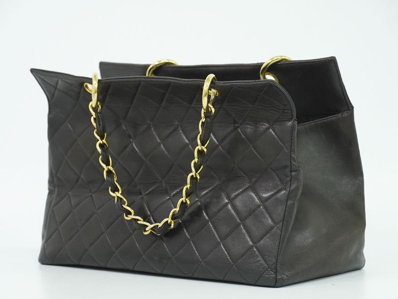 Authentic Chanel Matelasse Coco Mark Chain Tote Handbag Lambskin Leather Black