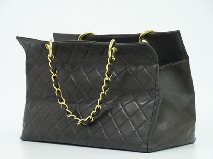 Authentic Chanel Matelasse Coco Mark Chain Tote Handbag Lambskin Leather Black