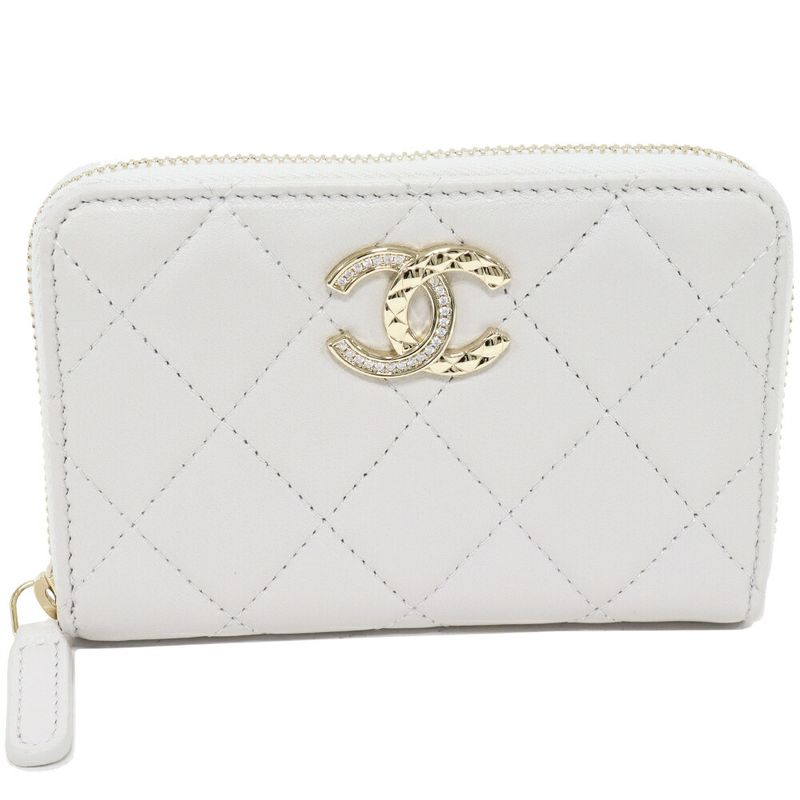 Chanel Coin Case Card Case Matelasse Coin Purse Lambskin Pearl Grey Gold