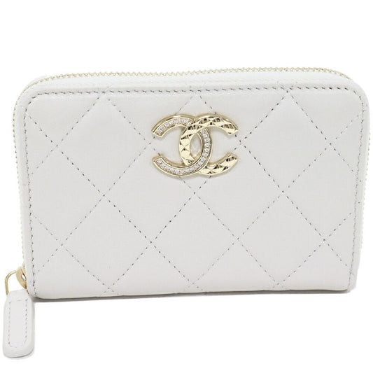 Chanel Coin Case Card Case Matelasse Coin Purse Lambskin Pearl Grey Gold