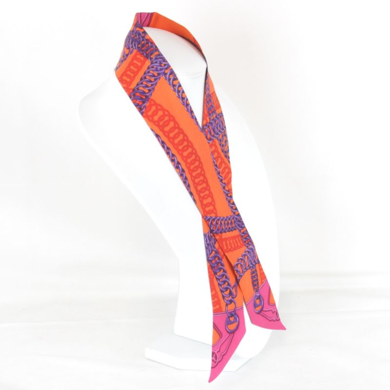 Hermes Twilly Chain Pattern Scarf Silk Orange Vivid Color